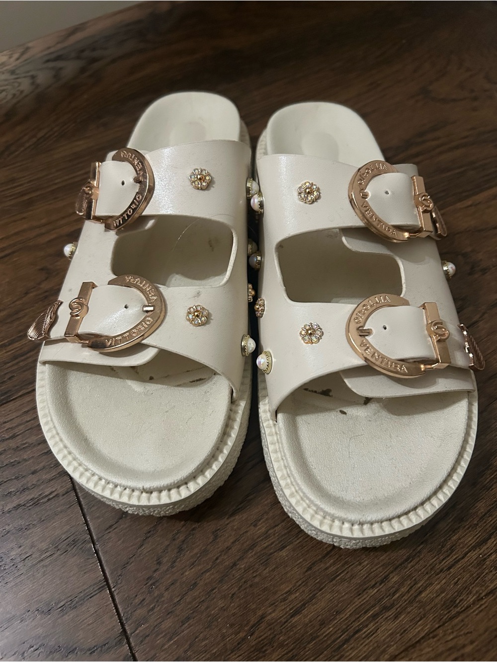 White Pearl-Embellished Slide Sandals with Rose Gold Buckles